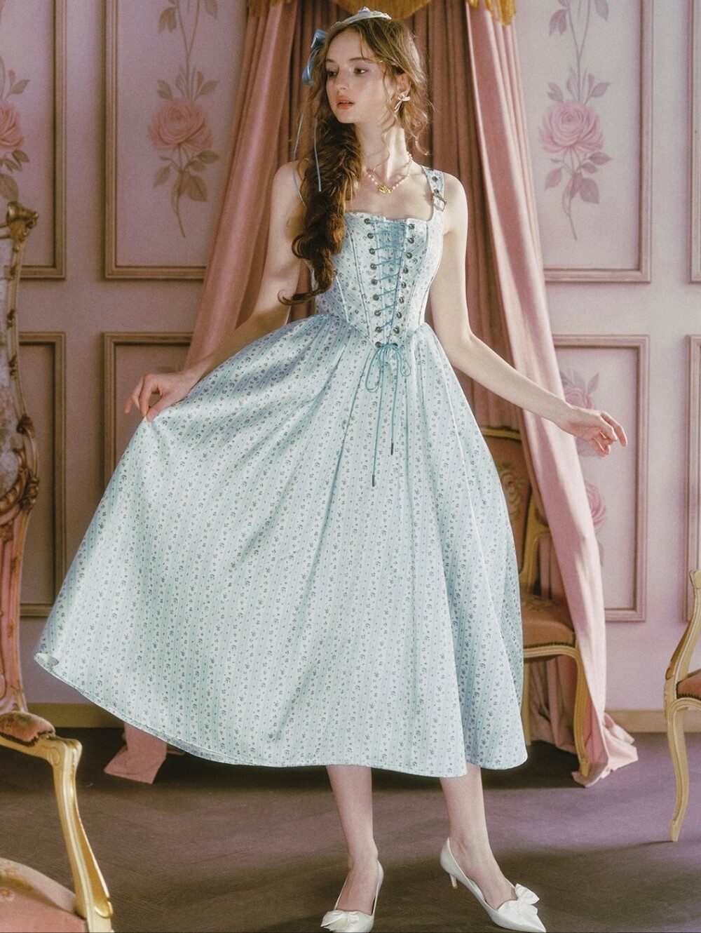 Lacemade Afternoon Sweet Tea Dress Light Blue Floral Lace-Up Midi Princess Dress